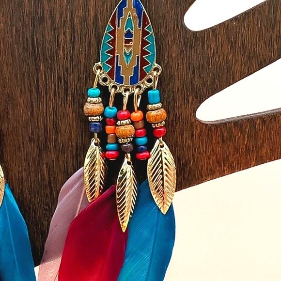 Feather Earrings Bohemian Red Blue Gold Style Hippie Jewelry - Picture 3 of 4